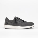 A grey suede men's jogger shoe with a wraparound zipper and white sole.
