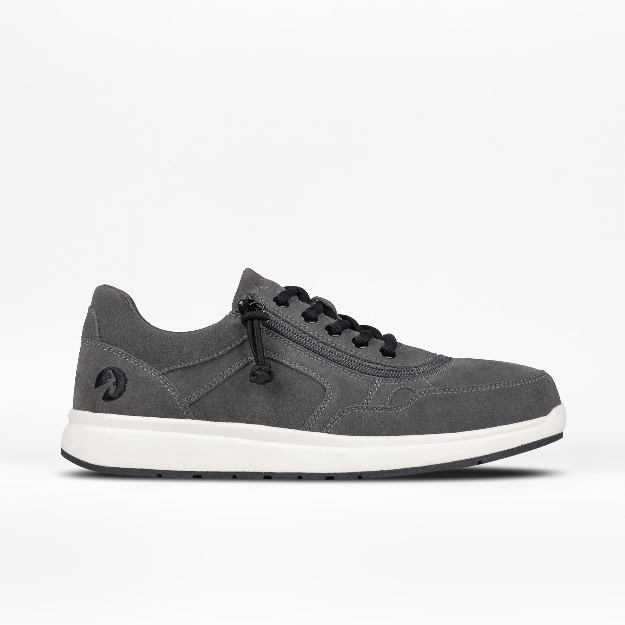 A grey suede men's jogger shoe with a wraparound zipper and white sole.