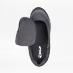 Top view of the Men's Black to the Floor BILLY Goat slip-on orthopedic shoe by BILLY Footwear, featuring a side zipper and foldable upper. The insole displays the “BILLY” logo in white. This AFO-friendly shoe provides comfort and support.