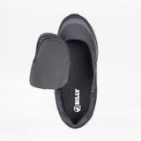Top view of the Men's Black to the Floor BILLY Goat slip-on orthopedic shoe by BILLY Footwear, featuring a side zipper and foldable upper. The insole displays the “BILLY” logo in white. This AFO-friendly shoe provides comfort and support.