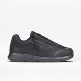 The Men's Black to the Floor BILLY Goat by BILLY Footwear is a wide black athletic sneaker with a low profile, lace-up closure, textured sole, and subtle geometric side patterns, displayed on a plain white background.