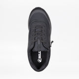 Top-down view of the Men's Black to the Floor BILLY Goat by BILLY Footwear. This wide, orthopedic shoe has "GOAT" on the tongue, a goat logo insole, and a side zipper for stylish, AFO-friendly easy access.