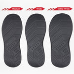 Three black soles, labeled Medium, Wide, and Extra-Wide, showcase the width options for BILLY Footwear's Men's Black to the Floor BILLY Goat orthopedic and wide shoes.