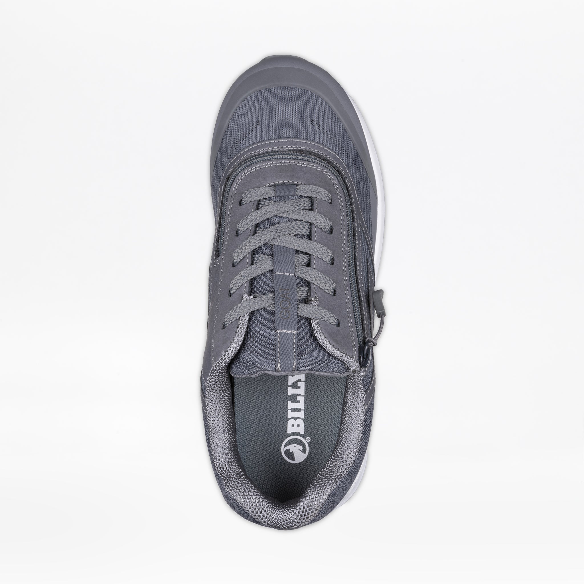 Top view of the Men's Charcoal BILLY Goat adaptive shoe by BILLY Footwear. This gray, AFO-friendly men's shoe features laces, a side zipper, and visible BILLY branding on the insole, photographed against a white background.