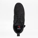 Top view of the Men's Black Suede BILLY Comfort Chukka by BILLY Footwear, featuring a white sole, wraparound zipper design, and the BILLY logo with a red circle on the insole, set against a plain white background.