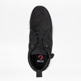 Top view of the Men's Black Suede BILLY Comfort Chukka by BILLY Footwear, featuring a white sole, wraparound zipper design, and the BILLY logo with a red circle on the insole, set against a plain white background.