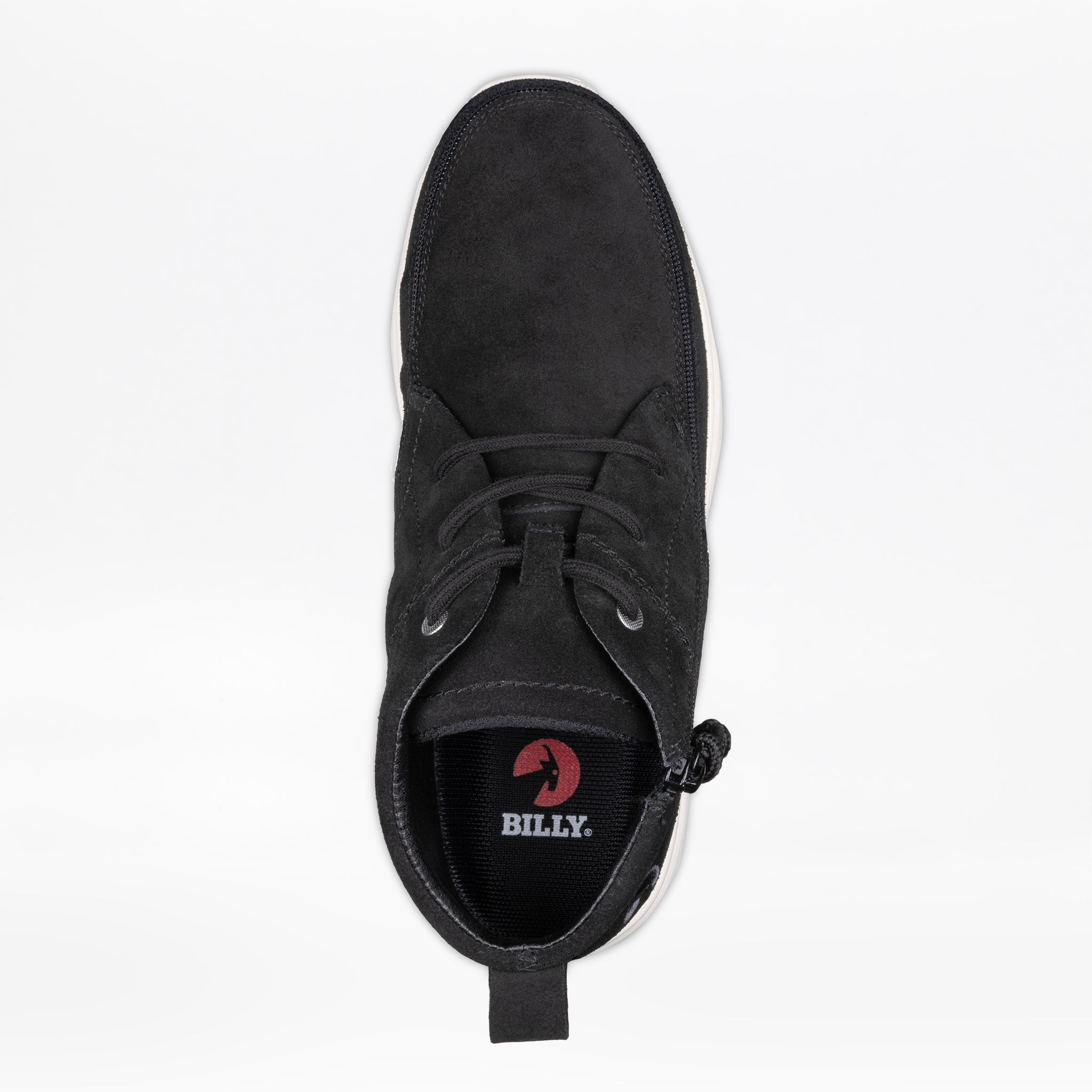 Top view of the Men's Black Suede BILLY Comfort Chukka by BILLY Footwear, featuring a white sole, wraparound zipper design, and the BILLY logo with a red circle on the insole, set against a plain white background.