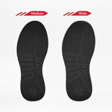 Two black soles from the Men's Black Suede BILLY Comfort Chukka by BILLY Footwear are displayed side by side on a white background, with “Medium” on the left and “Wide” on the right to show their width difference.