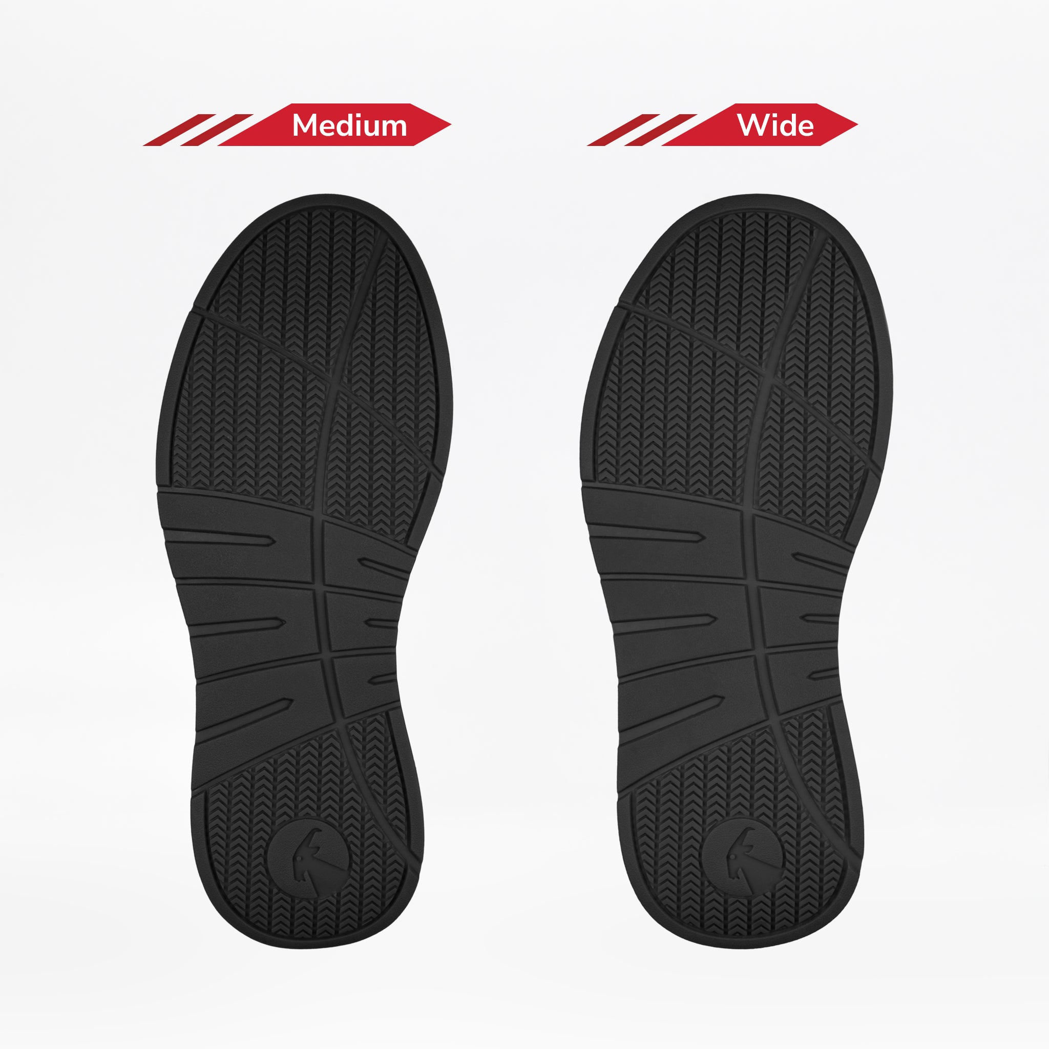 Two black soles from the Men's Black Suede BILLY Comfort Chukka by BILLY Footwear are displayed side by side on a white background, with “Medium” on the left and “Wide” on the right to show their width difference.