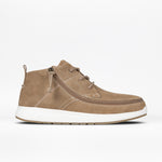 The BILLY Footwear Men's Suede Comfort Chukka in tan is shown in profile with white stitching, a white sole, laces, and a wraparound side zipper, set against a plain white background. These men's shoes blend style and comfort.