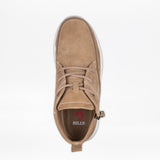 Top view of the Men's Sand Suede BILLY Comfort Chukka by BILLY Footwear, featuring a rounded toe, visible stitching, wraparound zipper, and an insole with the red and white BILLY logo. Displayed on a plain white background.