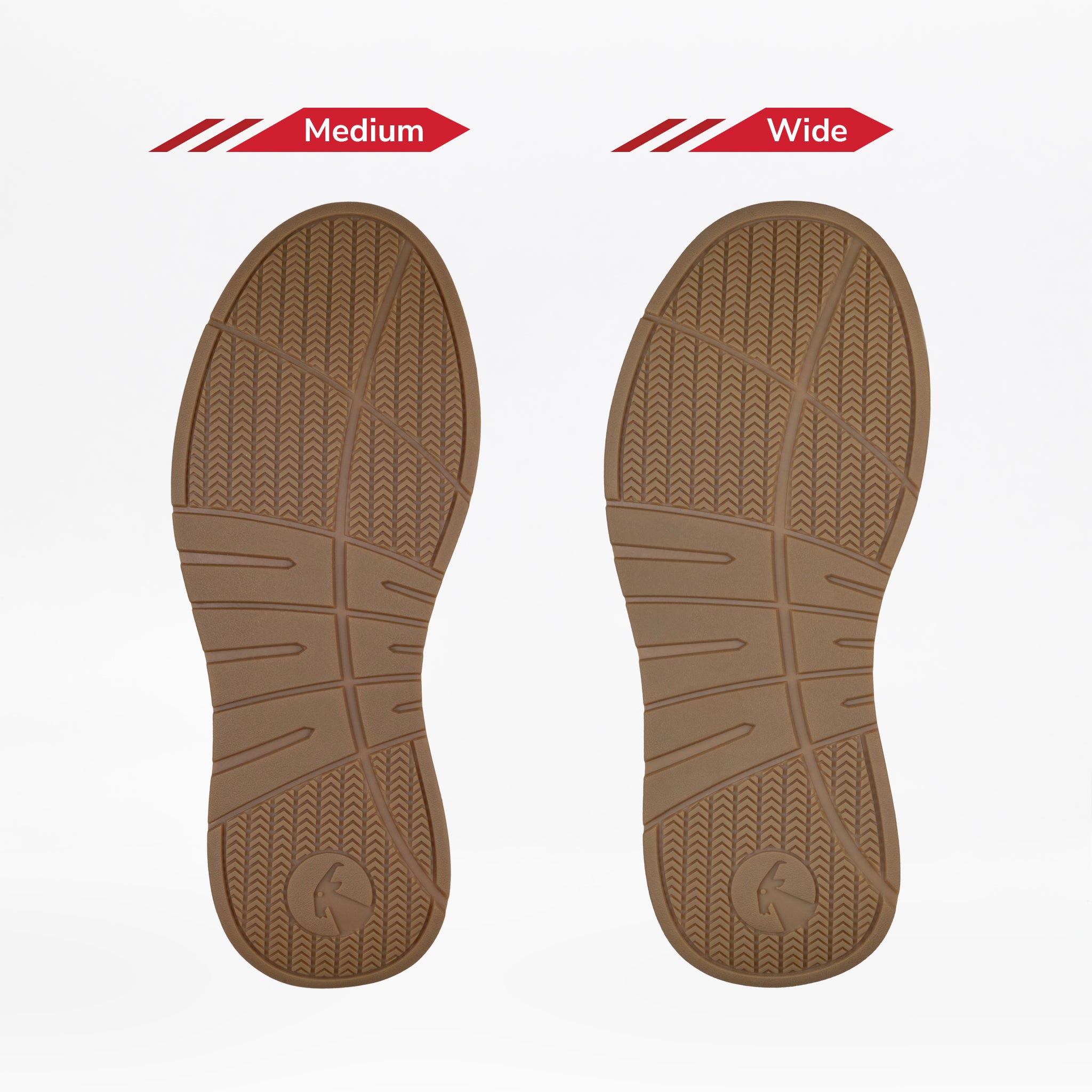 Two brown soles of the Men's Sand Suede BILLY Comfort Chukka by BILLY Footwear are shown side by side on a white background. The left sole is labeled Medium and the right Wide, illustrating the difference in shoe width.
