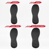 Four black shoe soles for the Women's Black/White BILLY Goat Classic High by BILLY Footwear, labeled Medium to Extra-Extra-Wide, show increasing width—ideal for wide width needs or orthotics and prosthetics.