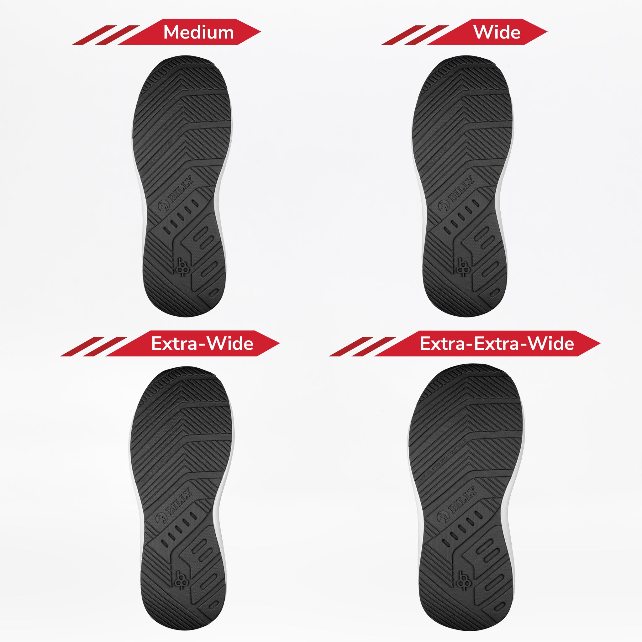 Four black shoe soles for the Women's Black/White BILLY Goat Classic High by BILLY Footwear, labeled Medium to Extra-Extra-Wide, show increasing width—ideal for wide width needs or orthotics and prosthetics.
