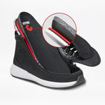 The Women's Black/White BILLY Goat Classic High by BILLY Footwear features a removable insole and a white sole. A close-up highlights the cushioned layers, ideal for use with braces, orthotics, and prosthetics. The sneaker is shown unzipped.