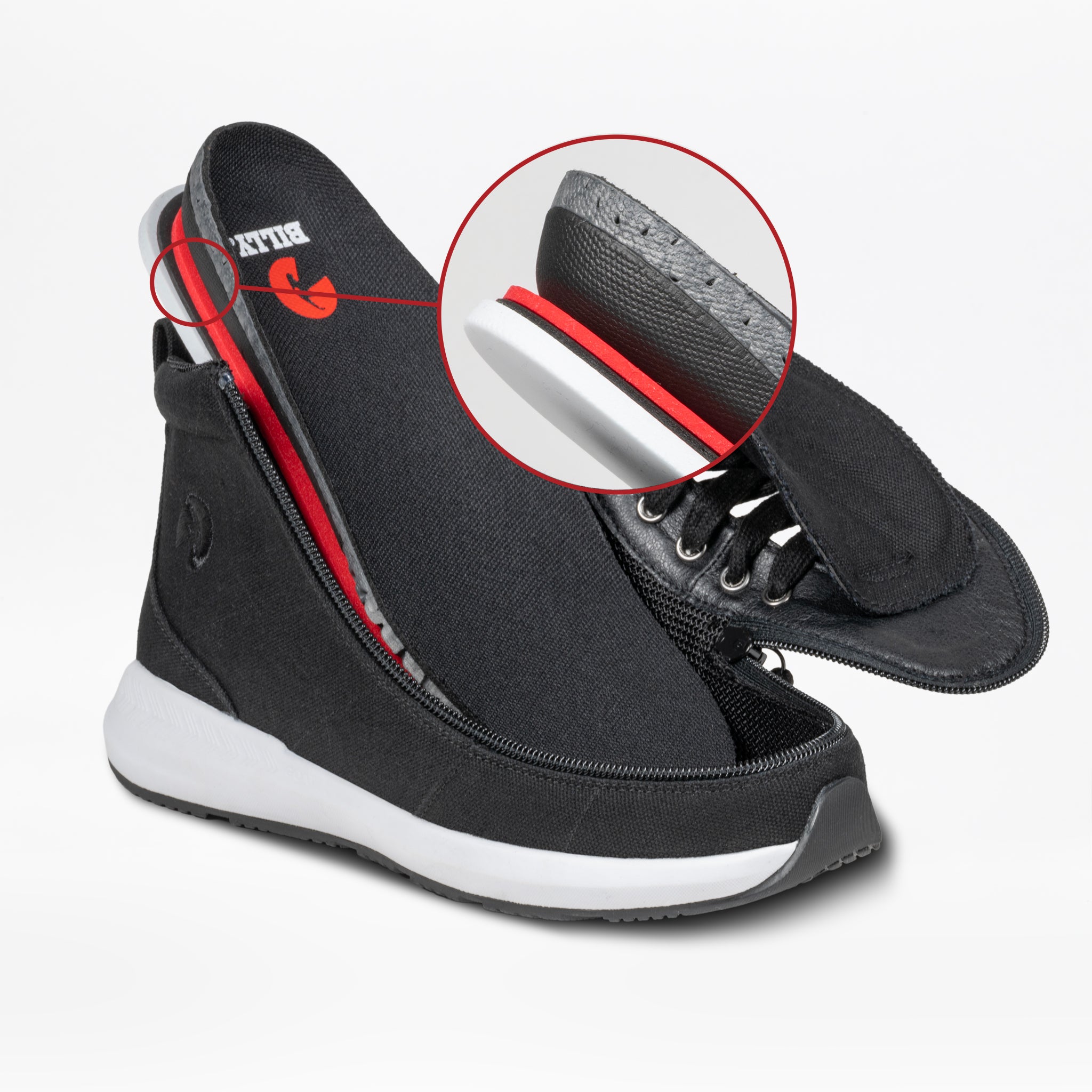The Women's Black/White BILLY Goat Classic High by BILLY Footwear features a removable insole and a white sole. A close-up highlights the cushioned layers, ideal for use with braces, orthotics, and prosthetics. The sneaker is shown unzipped.