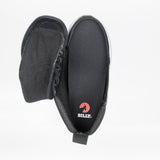 A Women's Black/White BILLY Goat Classic High shoe by BILLY Footwear is shown open with its upper unzipped and folded left, revealing the red BILLY logo on the insole—ideal for braces, orthotics, and prosthetic shoe needs.