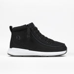 The Women's Black/White BILLY Goat Classic High by BILLY Footwear is a wide-width sneaker with a white sole, side zipper, lace-up front, subtle ankle logo, and heel pull tab.