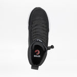 Top view of the Women's Black/White BILLY Goat Classic High by BILLY Footwear, featuring black laces, white sole, heel loop, and insole with "BILLY" and red logo. Designed for wide width women's shoes or use with braces and orthotics.