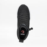Top view of the Women's Black/White BILLY Goat Classic High by BILLY Footwear, featuring black laces, white sole, heel loop, and insole with "BILLY" and red logo. Designed for wide width women's shoes or use with braces and orthotics.