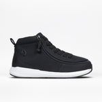The Men's Black/White BILLY Goat Classic High sneaker by BILLY Footwear features a black upper, white sole, black laces, side zipper for easy access, back loop, and minimal branding. Comfortably accommodates orthotics. Displayed on a plain white background.
