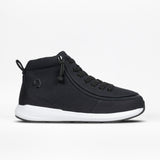 The Men's Black/White BILLY Goat Classic High sneaker by BILLY Footwear features a black upper, white sole, black laces, side zipper for easy access, back loop, and minimal branding. Comfortably accommodates orthotics. Displayed on a plain white background.