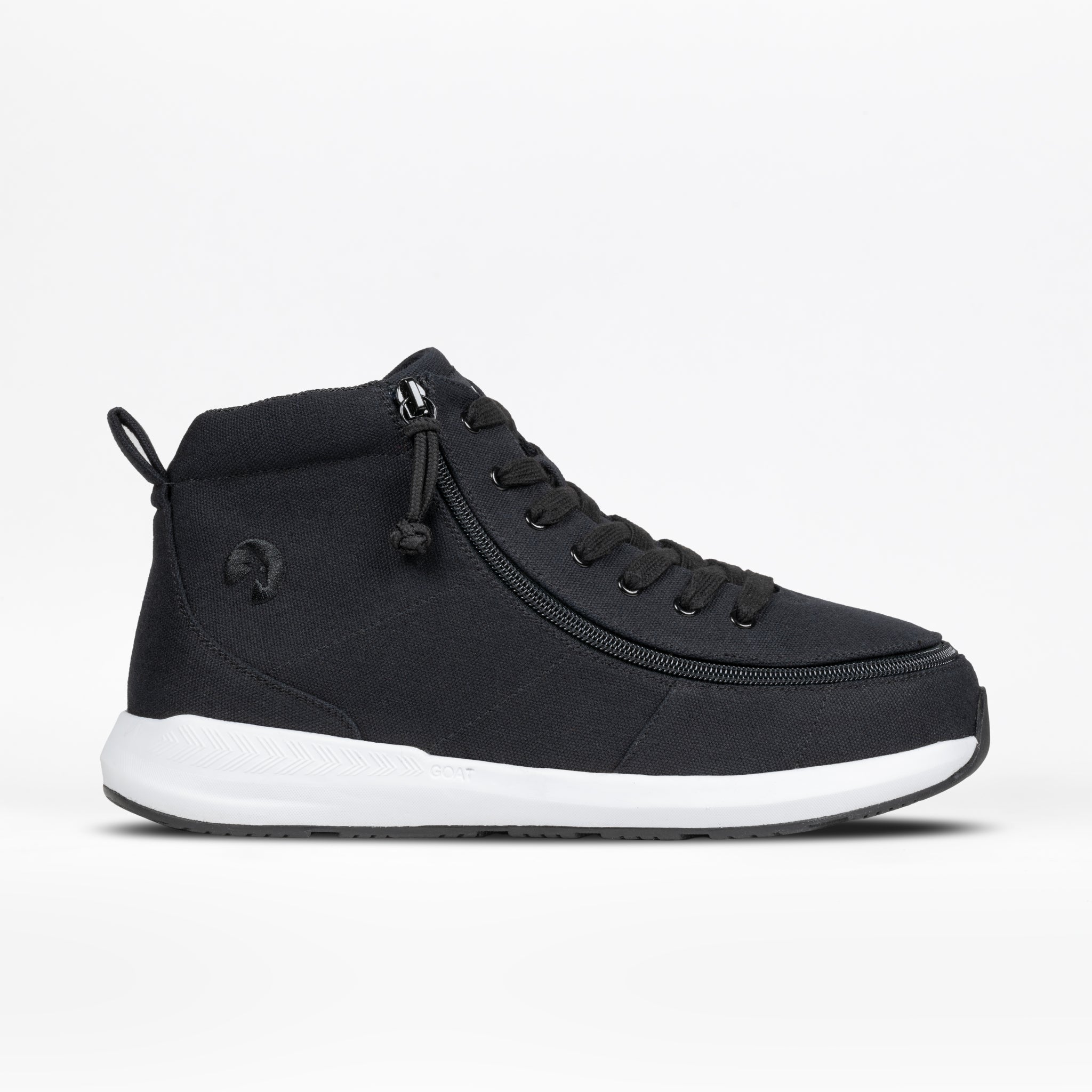 The Men's Black/White BILLY Goat Classic High sneaker by BILLY Footwear features a black upper, white sole, black laces, side zipper for easy access, back loop, and minimal branding. Comfortably accommodates orthotics. Displayed on a plain white background.