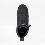 Top view of the Men's Black/White BILLY Goat Classic High by BILLY Footwear, featuring black laces, a white sole, and branded insole—designed for easy use with orthotics or braces and shown vertically on a plain white background.