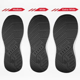 Three black soles of the Men's Black/White BILLY Goat Classic High by BILLY Footwear are shown side by side, labeled Medium, Wide, and Extra-Wide to highlight width options for enhanced comfort—ideal for orthotics or braces.