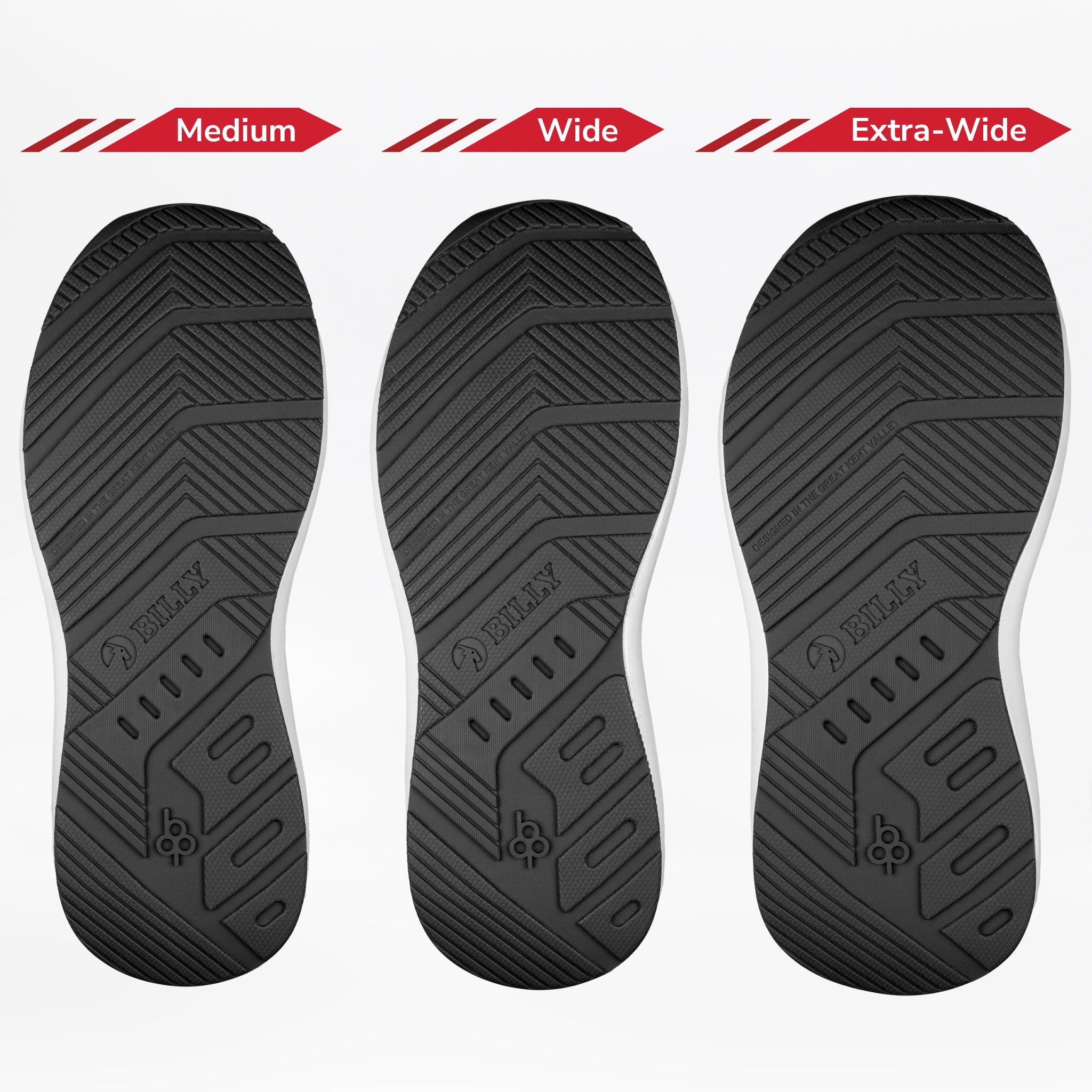 Three black soles of the Men's Black/White BILLY Goat Classic High by BILLY Footwear are shown side by side, labeled Medium, Wide, and Extra-Wide to highlight width options for enhanced comfort—ideal for orthotics or braces.