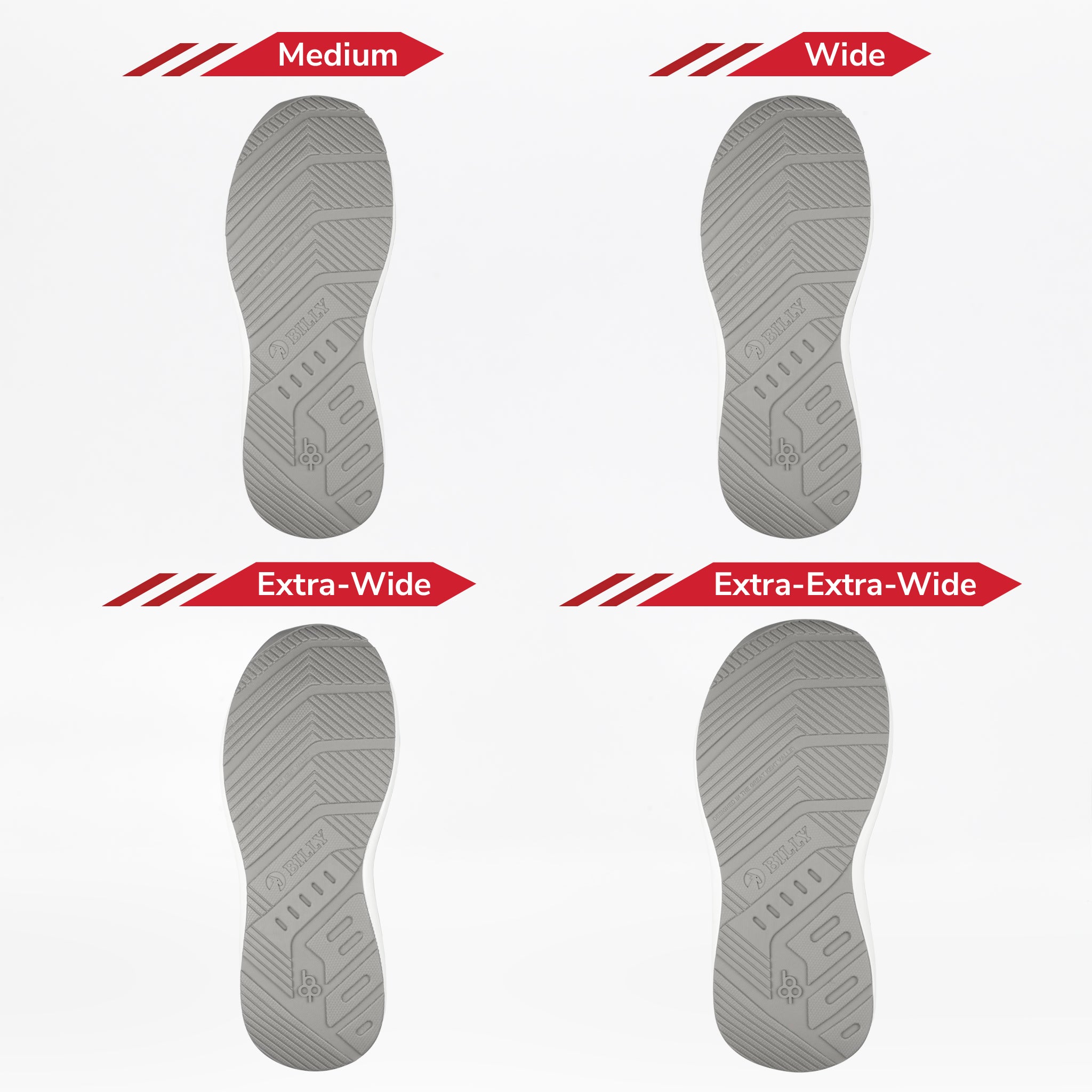 Four sole options—Medium, Wide, Extra-Wide, and Extra-Extra-Wide—are shown for the BILLY Footwear Women's Grey Jersey BILLY Goat Classic High, highlighting widths and tread patterns ideal for braces and orthotic support needs.