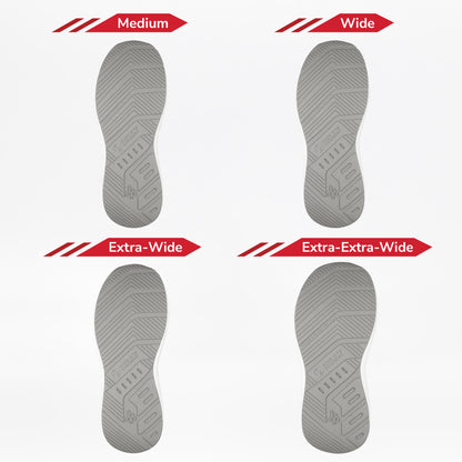 Four sole options—Medium, Wide, Extra-Wide, and Extra-Extra-Wide—are shown for the BILLY Footwear Women's Grey Jersey BILLY Goat Classic High, highlighting widths and tread patterns ideal for braces and orthotic support needs.