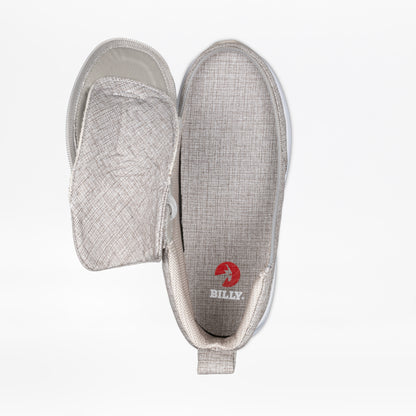 The Women's Grey Jersey BILLY Goat Classic High by BILLY Footwear is a wide-width shoe with a textured fabric pattern, full upper zipper for easy access, orthotics and brace compatibility, and an insole featuring a red circular BILLY logo.