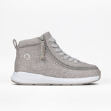 The Women's Grey Jersey BILLY Goat Classic High by BILLY Footwear is a wide width, light gray high-top sneaker with a textured finish, side zipper, lace-up front, heel pull tab, and white rubber sole, displayed on a white background.