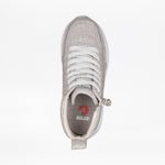 Top view of the Women's Grey Jersey BILLY Goat Classic High by BILLY Footwear—a light gray textured wide-width sneaker with white laces, side zipper, and visible insole showing "BILLY" and red logo. Set against a plain white background.