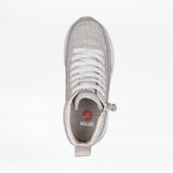 Top view of the Women's Grey Jersey BILLY Goat Classic High by BILLY Footwear—a light gray textured wide-width sneaker with white laces, side zipper, and visible insole showing "BILLY" and red logo. Set against a plain white background.