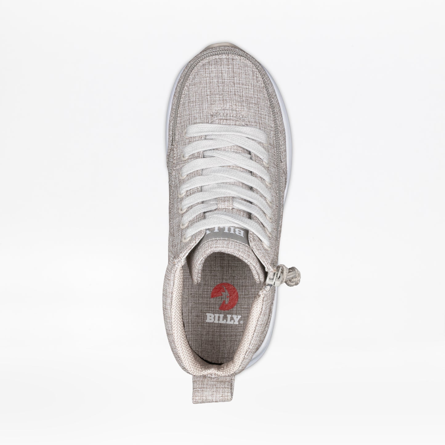 Top view of the Women's Grey Jersey BILLY Goat Classic High by BILLY Footwear—a light gray textured wide-width sneaker with white laces, side zipper, and visible insole showing "BILLY" and red logo. Set against a plain white background.