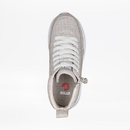 Top view of the Women's Grey Jersey BILLY Goat Classic High by BILLY Footwear—a light gray textured wide-width sneaker with white laces, side zipper, and visible insole showing "BILLY" and red logo. Set against a plain white background.