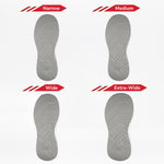 Four soles for the Men's Grey Jersey BILLY Goat Classic High by BILLY Footwear—narrow, medium, wide, and extra-wide—are shown side by side to compare their widths from narrowest (top left) to widest (bottom right).