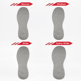Four soles for the Men's Grey Jersey BILLY Goat Classic High by BILLY Footwear—narrow, medium, wide, and extra-wide—are shown side by side to compare their widths from narrowest (top left) to widest (bottom right).