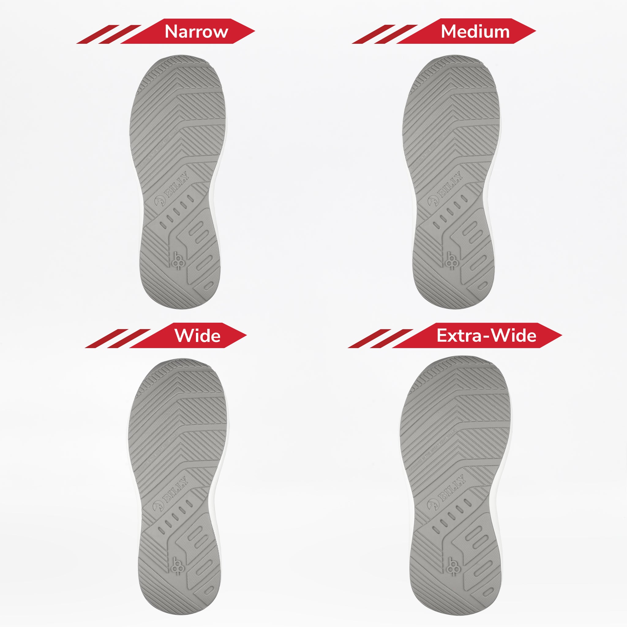 Four soles for the Men's Grey Jersey BILLY Goat Classic High by BILLY Footwear—narrow, medium, wide, and extra-wide—are shown side by side to compare their widths from narrowest (top left) to widest (bottom right).