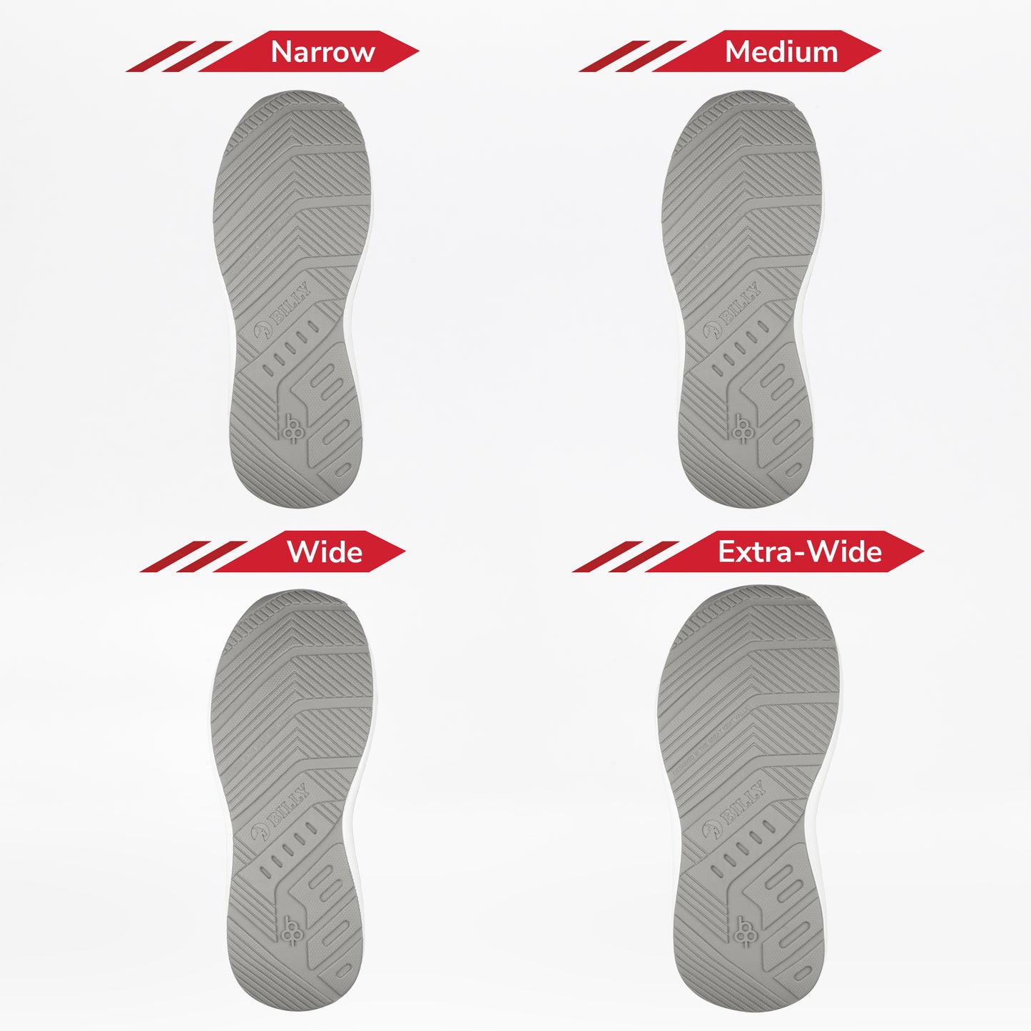 Four soles for the Men's Grey Jersey BILLY Goat Classic High by BILLY Footwear—narrow, medium, wide, and extra-wide—are shown side by side to compare their widths from narrowest (top left) to widest (bottom right).