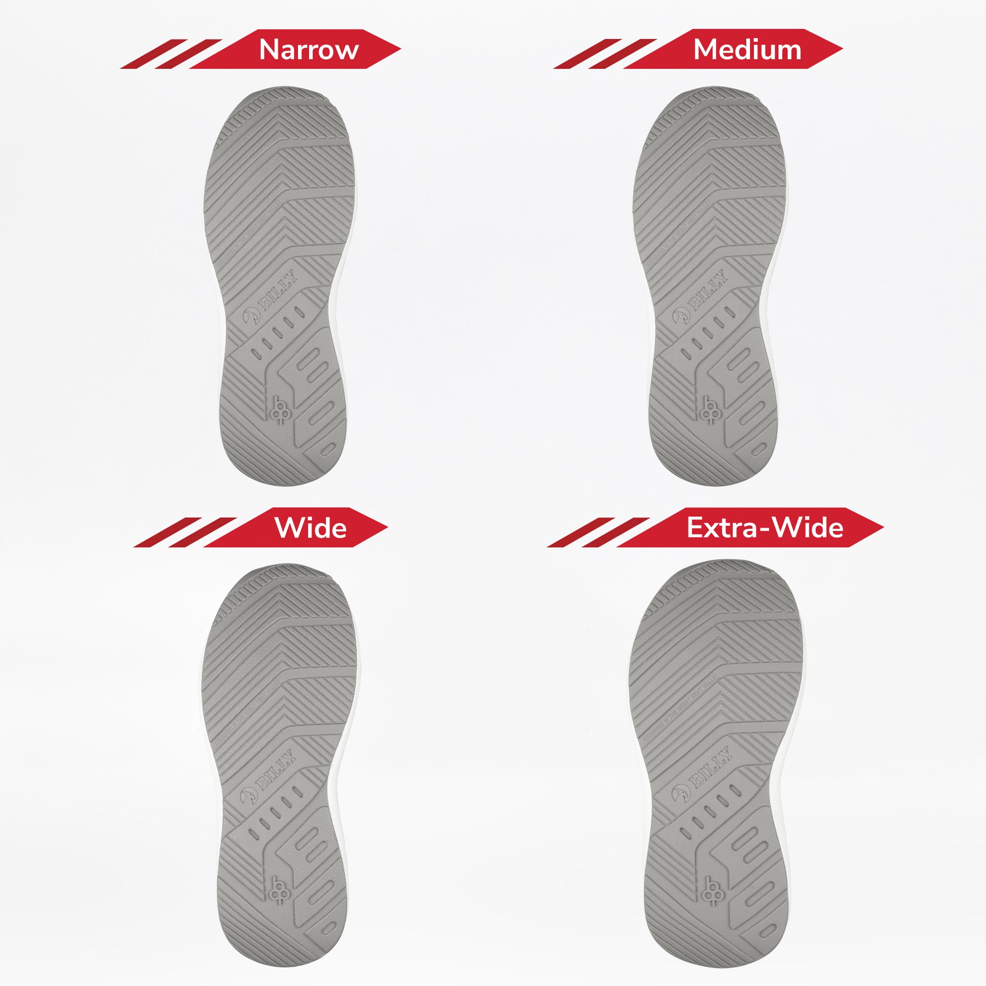 Four soles for the Men's Grey Jersey BILLY Goat Classic High by BILLY Footwear—narrow, medium, wide, and extra-wide—are shown side by side to compare their widths from narrowest (top left) to widest (bottom right).