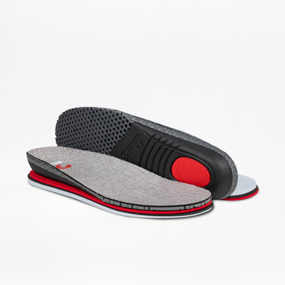 A pair of gray and black BILLY Footwear insoles with red accents—one flat to reveal the textured top, one propped up to show the treaded bottom and red cushioned heel pad—for Men's Grey Jersey BILLY Goat Classic High shoes.