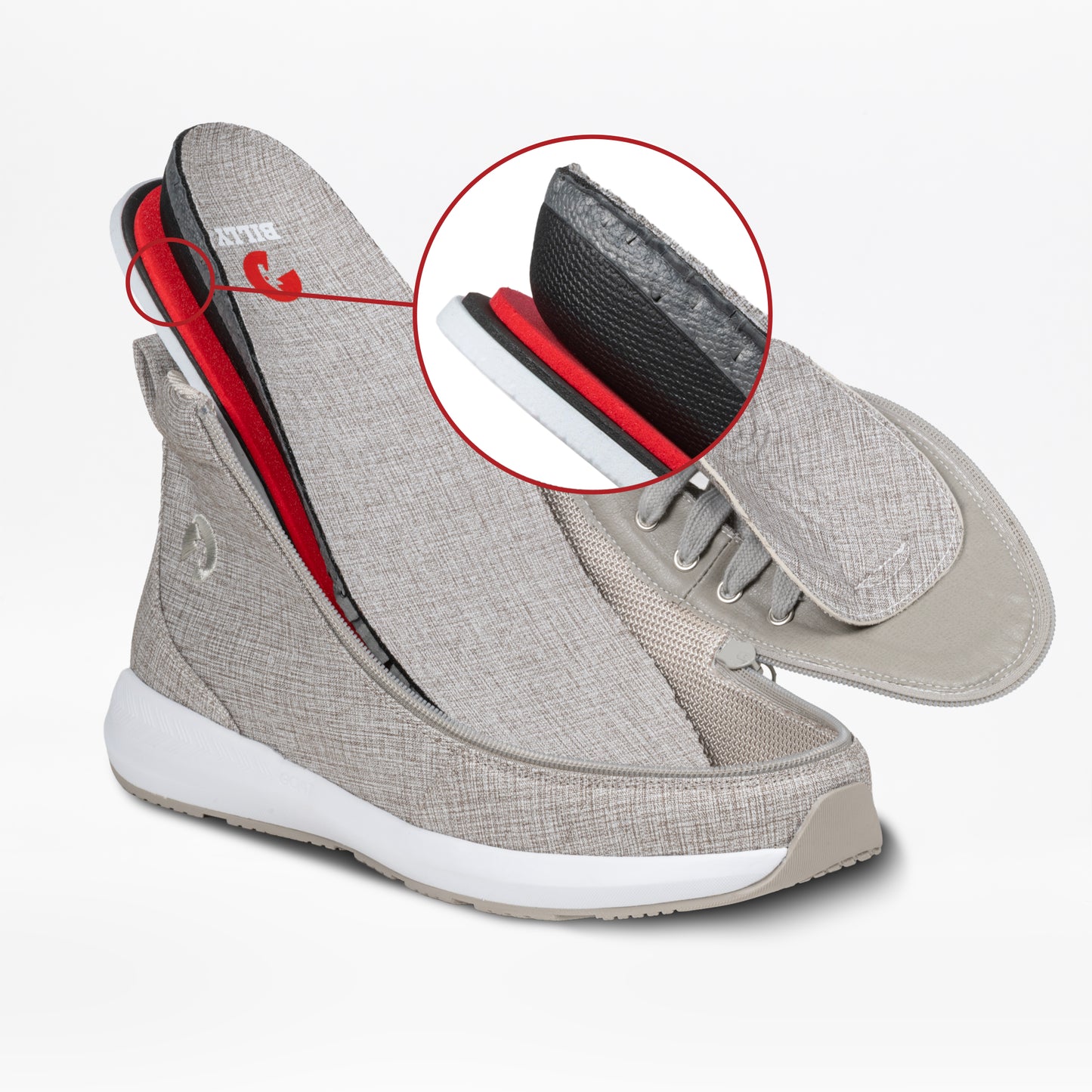 A Men's Grey Jersey BILLY Goat Classic High sneaker by BILLY Footwear is cut open, revealing foam, mesh, and fabric layers inside. A red circle highlights its construction. The wide-fit shoe has white soles and textured grey jersey fabric.