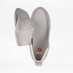 A men's Grey Jersey BILLY Goat Classic High shoe by BILLY Footwear features a wide fit, light gray textured fabric, and an unzipped upper showing the interior and the red BILLY logo on the insole.