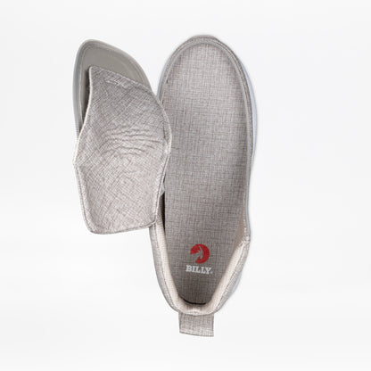 A men's Grey Jersey BILLY Goat Classic High shoe by BILLY Footwear features a wide fit, light gray textured fabric, and an unzipped upper showing the interior and the red BILLY logo on the insole.