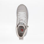 Top view of the Men's Grey Jersey BILLY Goat Classic High by BILLY Footwear: a light gray wide men's shoe with white laces, side zipper, "BILLY" on tongue and insole, plus a stylish red goat logo on the insole.