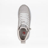 Top view of the Men's Grey Jersey BILLY Goat Classic High by BILLY Footwear: a light gray wide men's shoe with white laces, side zipper, "BILLY" on tongue and insole, plus a stylish red goat logo on the insole.