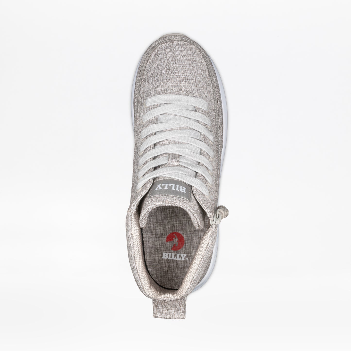 Top view of the Men's Grey Jersey BILLY Goat Classic High by BILLY Footwear: a light gray wide men's shoe with white laces, side zipper, "BILLY" on tongue and insole, plus a stylish red goat logo on the insole.